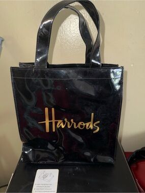 Harrods Black Patent Tote with Gold Logo
